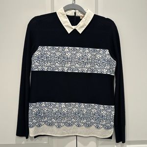 Tory Burch Navy Sweater with Collar, Size Small
